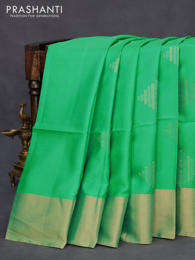 Pure soft silk saree green and mango yellow with silver & gold zari woven buttas and zari woven border