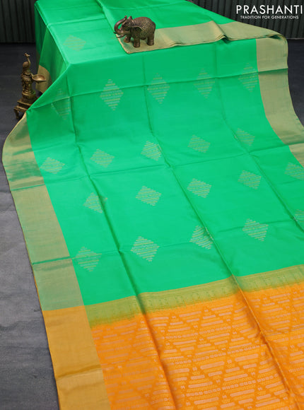 Pure soft silk saree green and mango yellow with silver & gold zari woven buttas and zari woven border