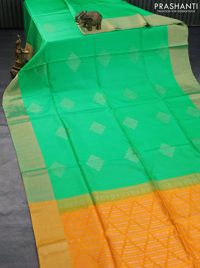 Pure soft silk saree green and mango yellow with silver & gold zari woven buttas and zari woven border