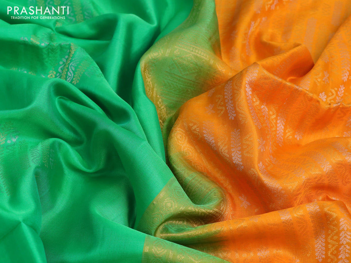 Pure soft silk saree green and mango yellow with silver & gold zari woven buttas and zari woven border