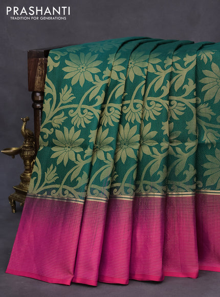 Pure soft silk saree green and pink with allover zari woven brocade weaves and zari woven border