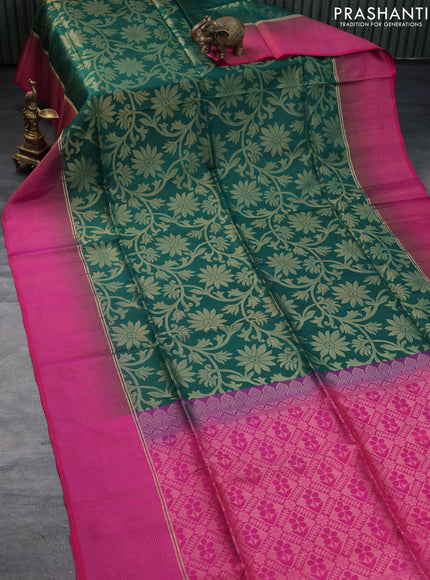 Pure soft silk saree green and pink with allover zari woven brocade weaves and zari woven border