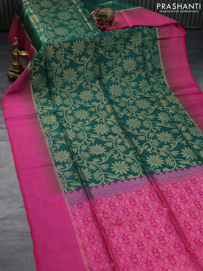 Pure soft silk saree green and pink with allover zari woven brocade weaves and zari woven border