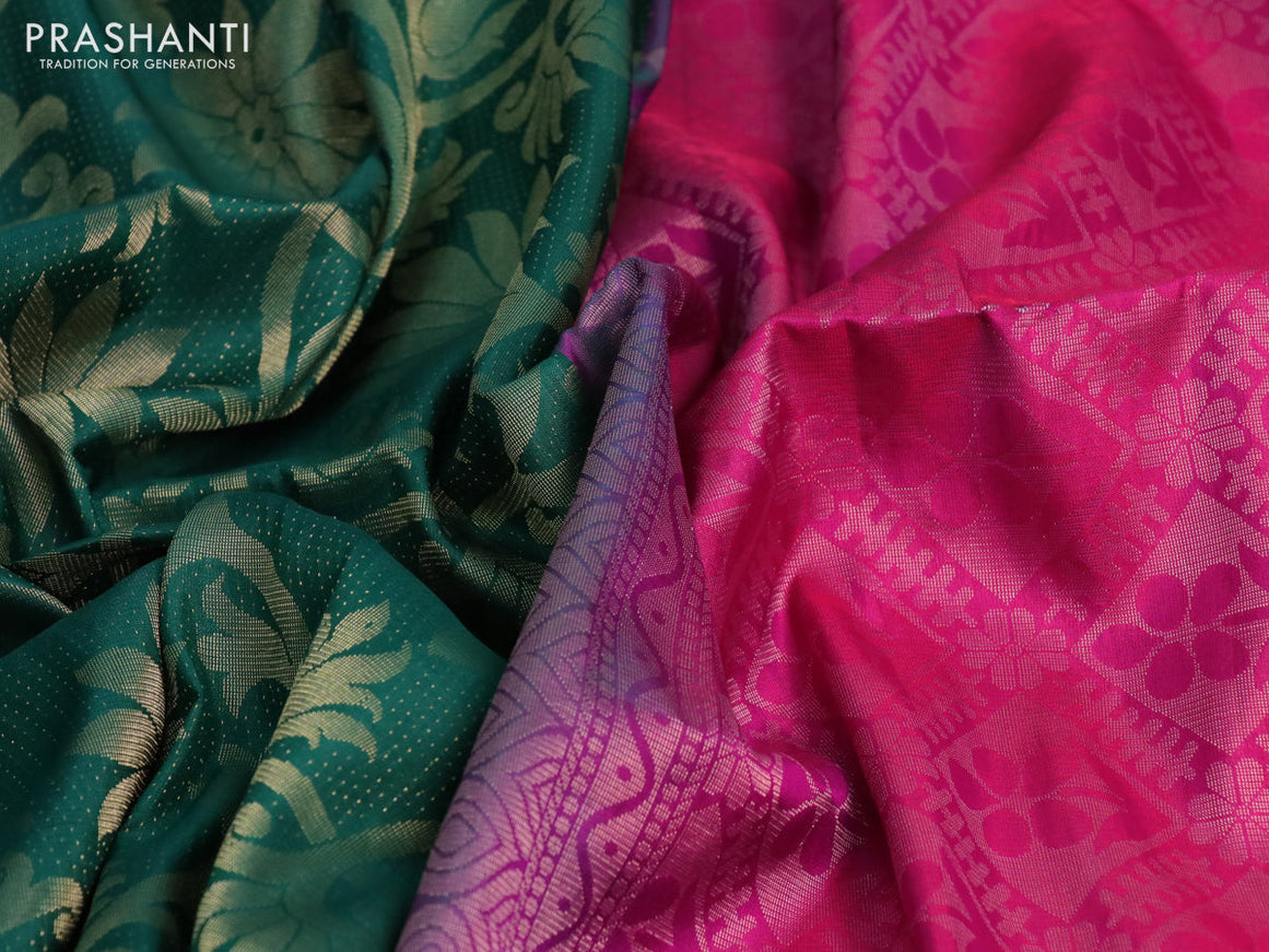 Pure soft silk saree green and pink with allover zari woven brocade weaves and zari woven border