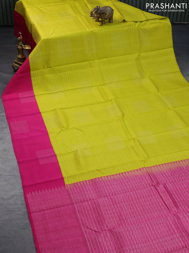 Pure soft silk saree lime yellow and pink with allover zari woven stripes pattern & buttas and zari woven butta border