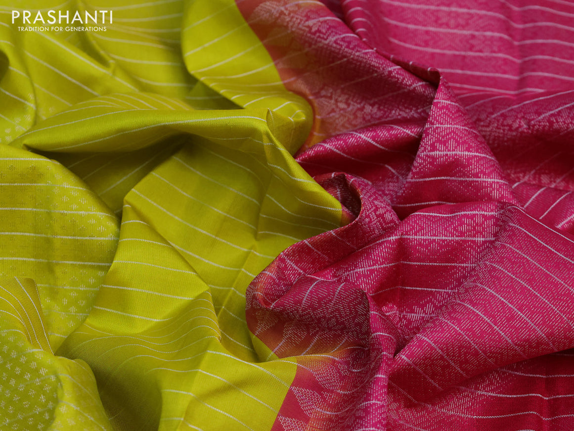 Pure soft silk saree lime yellow and pink with allover zari woven stripes pattern & buttas and zari woven butta border