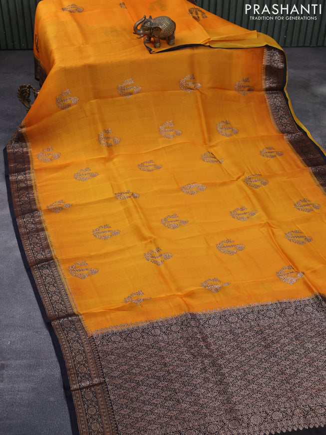 Banarasi organza silk saree orange and black with thread & zari woven buttas and banarasi style border