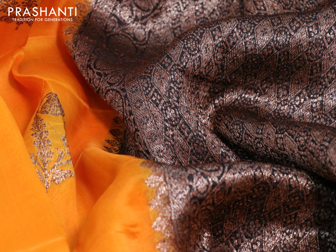 Banarasi organza silk saree orange and black with thread & zari woven buttas and banarasi style border