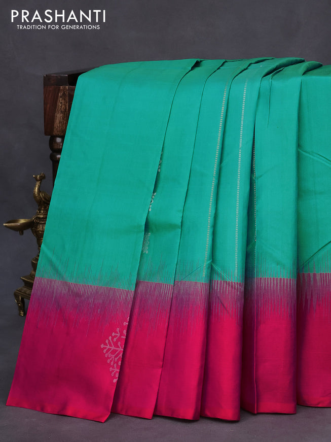 Pure soft silk saree teal blue and dual shade of pinkish orange with zari woven buttas and zari woven butta border