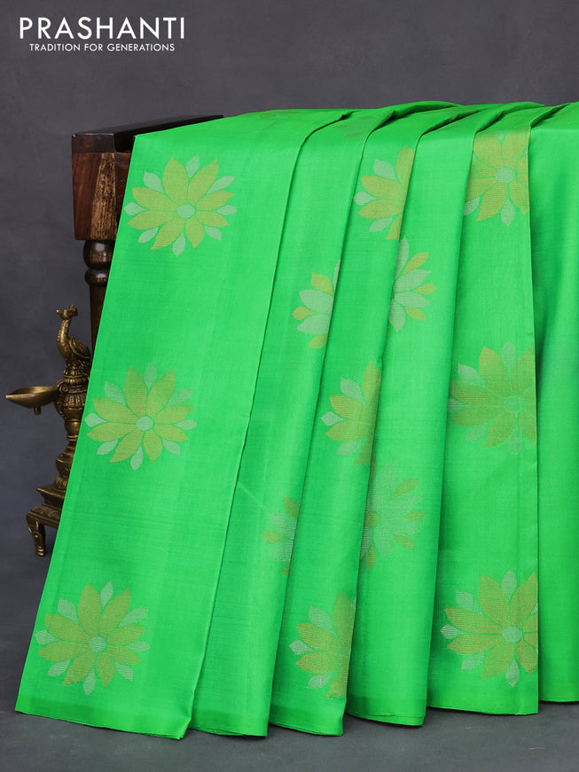 Pure soft silk saree parrot green and pink with silver & copper zari woven floral buttas in borderless style