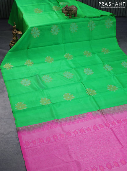 Pure soft silk saree parrot green and pink with silver & copper zari woven floral buttas in borderless style