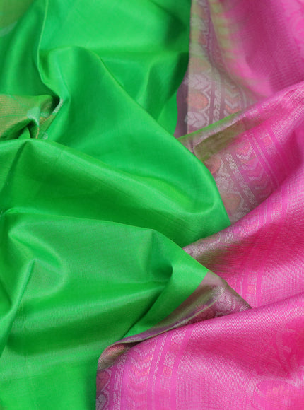 Pure soft silk saree parrot green and pink with silver & copper zari woven floral buttas in borderless style