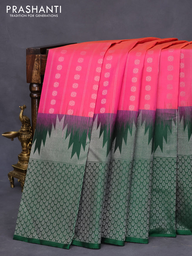 Pure soft silk saree dual shade of pinkish orange and green with allover silver zari woven butta weaves and long rich silver zari woven border