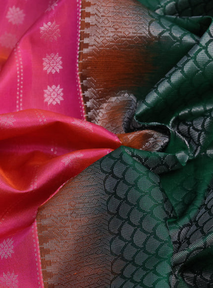 Pure soft silk saree dual shade of pinkish orange and green with allover silver zari woven butta weaves and long rich silver zari woven border