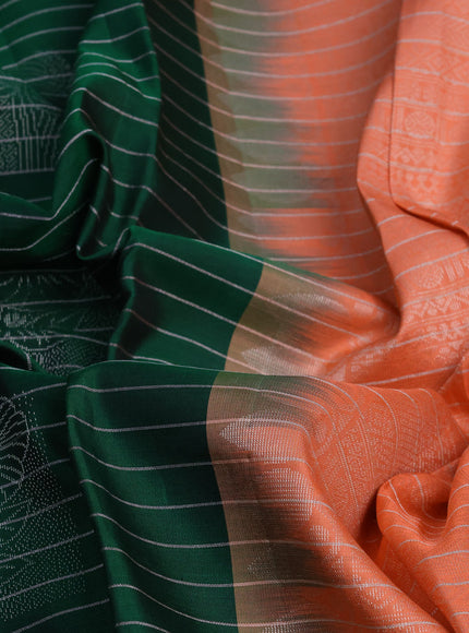 Pure soft silk saree green and peach orange with allover zari woven stripes pattern and zari woven butta border