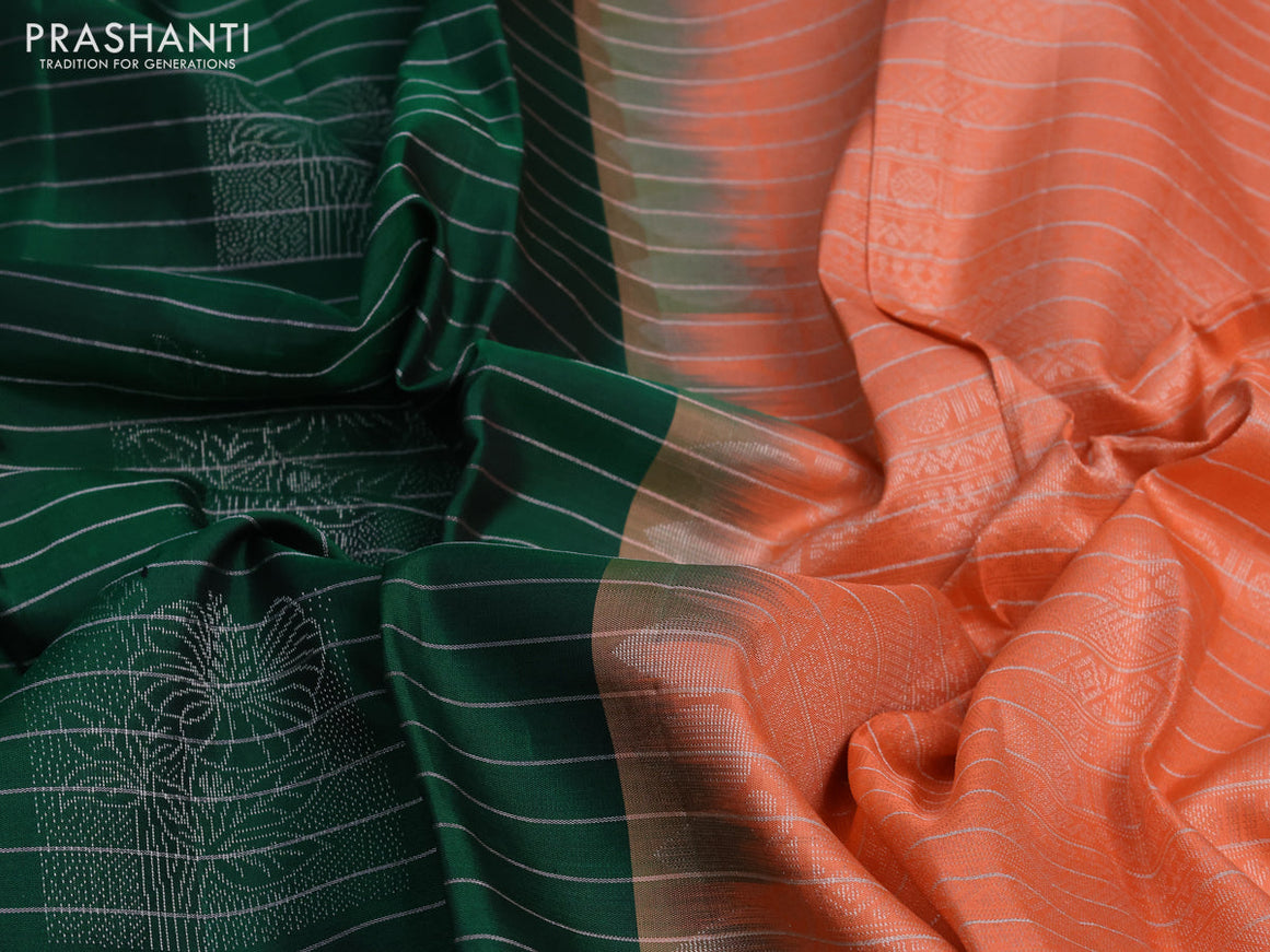 Pure soft silk saree green and peach orange with allover zari woven stripes pattern and zari woven butta border