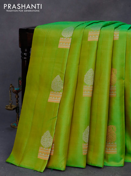 Pure soft silk saree dual shade of green and grey with copper & silver zari woven buttas in borderless style