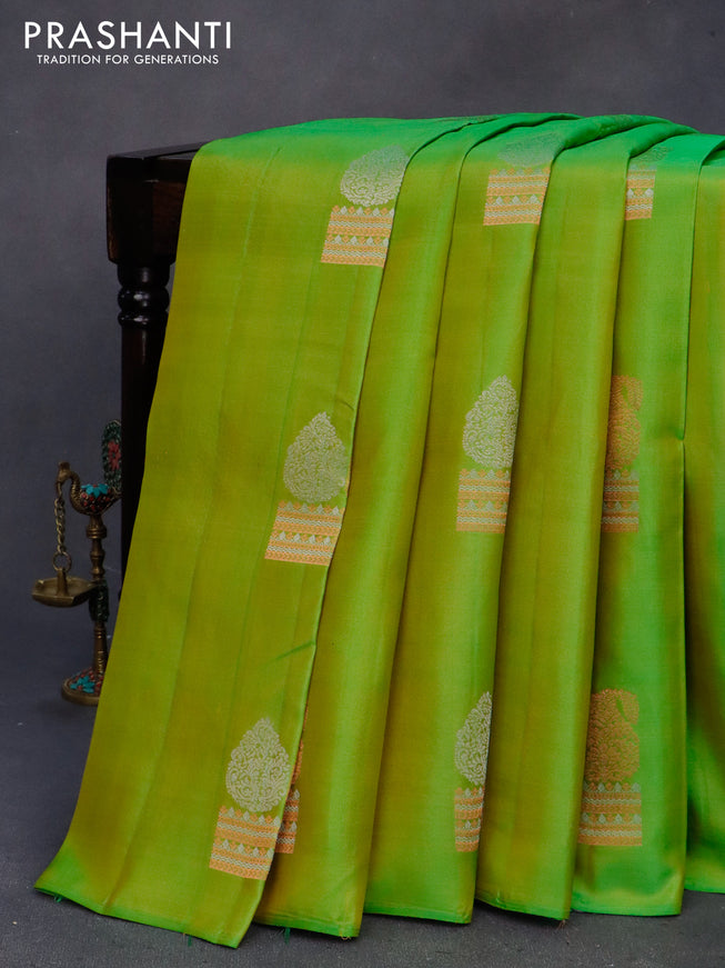 Pure soft silk saree dual shade of green and grey with copper & silver zari woven buttas in borderless style