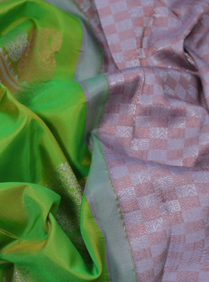 Pure soft silk saree dual shade of green and grey with copper & silver zari woven buttas in borderless style