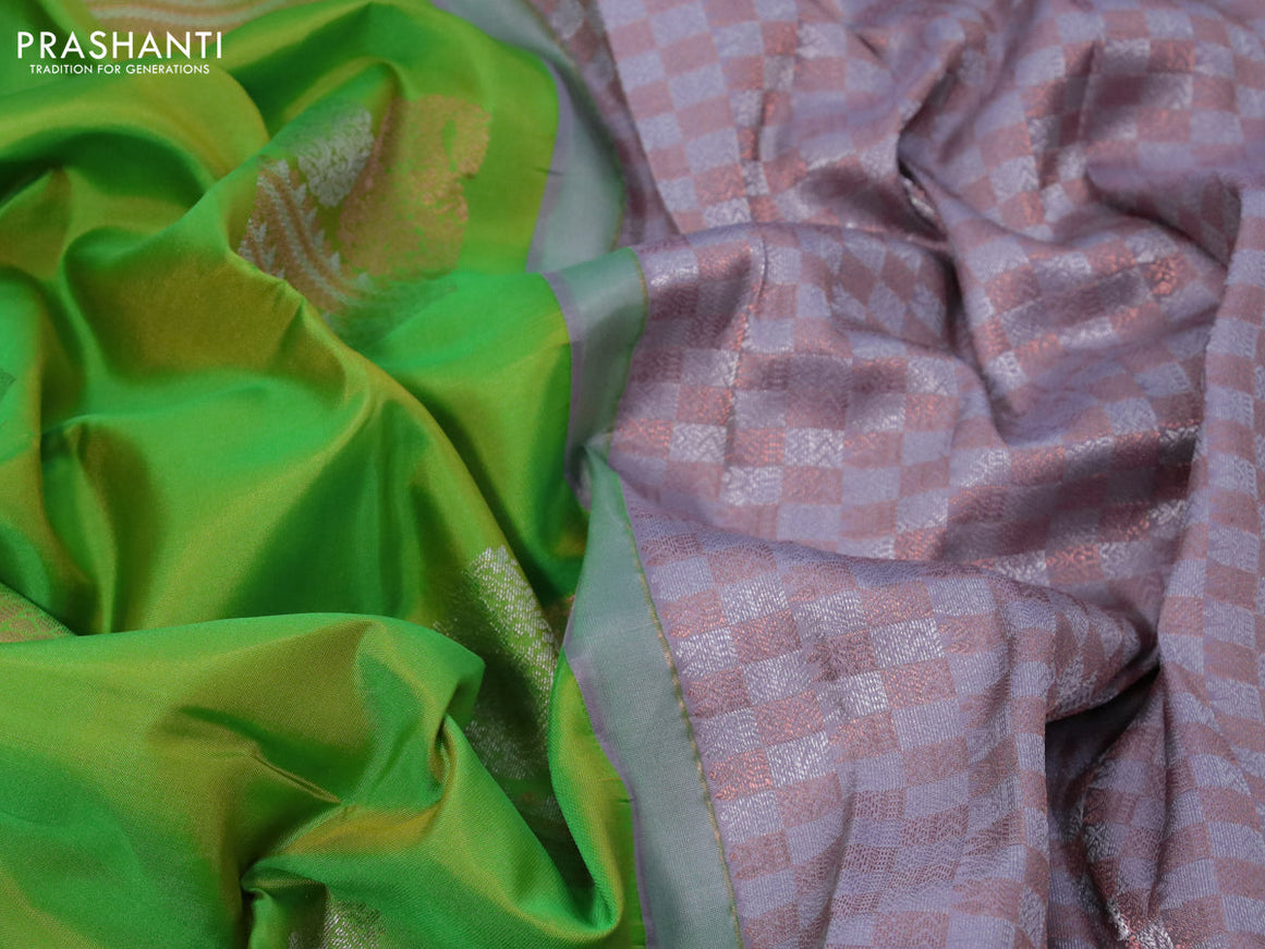 Pure soft silk saree dual shade of green and grey with copper & silver zari woven buttas in borderless style