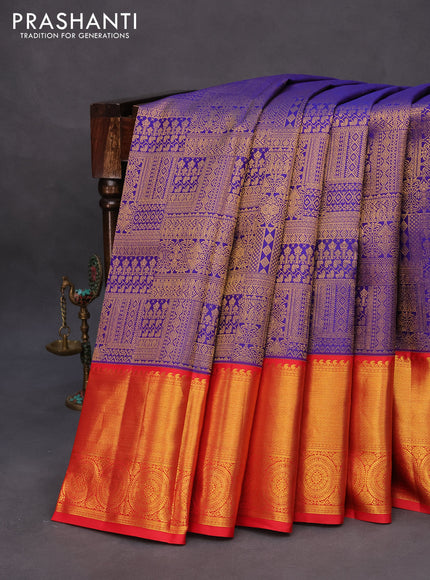 Pure kanchipuram silk saree blue and red with allover zari woven brocade weaves and long zari woven border