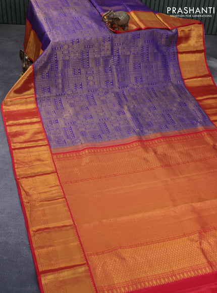 Pure kanchipuram silk saree blue and red with allover zari woven brocade weaves and long zari woven border