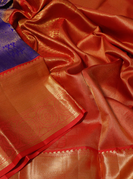 Pure kanchipuram silk saree blue and red with allover zari woven brocade weaves and long zari woven border