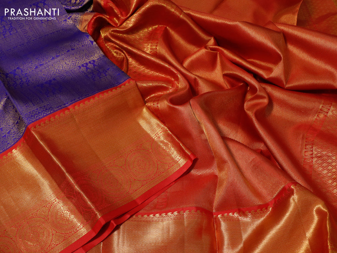 Pure kanchipuram silk saree blue and red with allover zari woven brocade weaves and long zari woven border