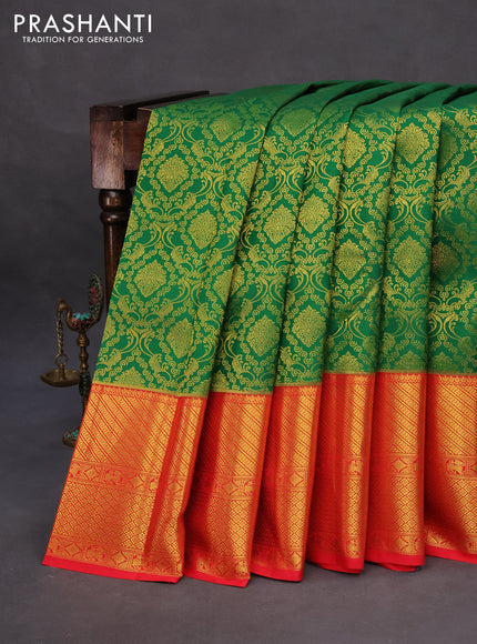 Pure kanchipuram silk saree green and red with allover zari woven brocade weaves and long zari woven border