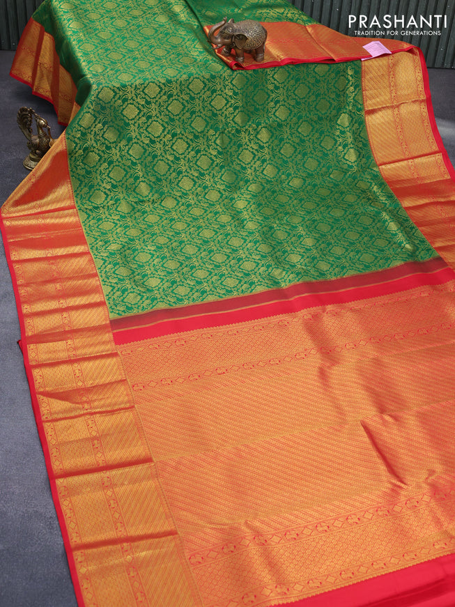 Pure kanchipuram silk saree green and red with allover zari woven brocade weaves and long zari woven border