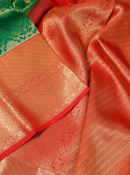 Pure kanchipuram silk saree green and red with allover zari woven brocade weaves and long zari woven border