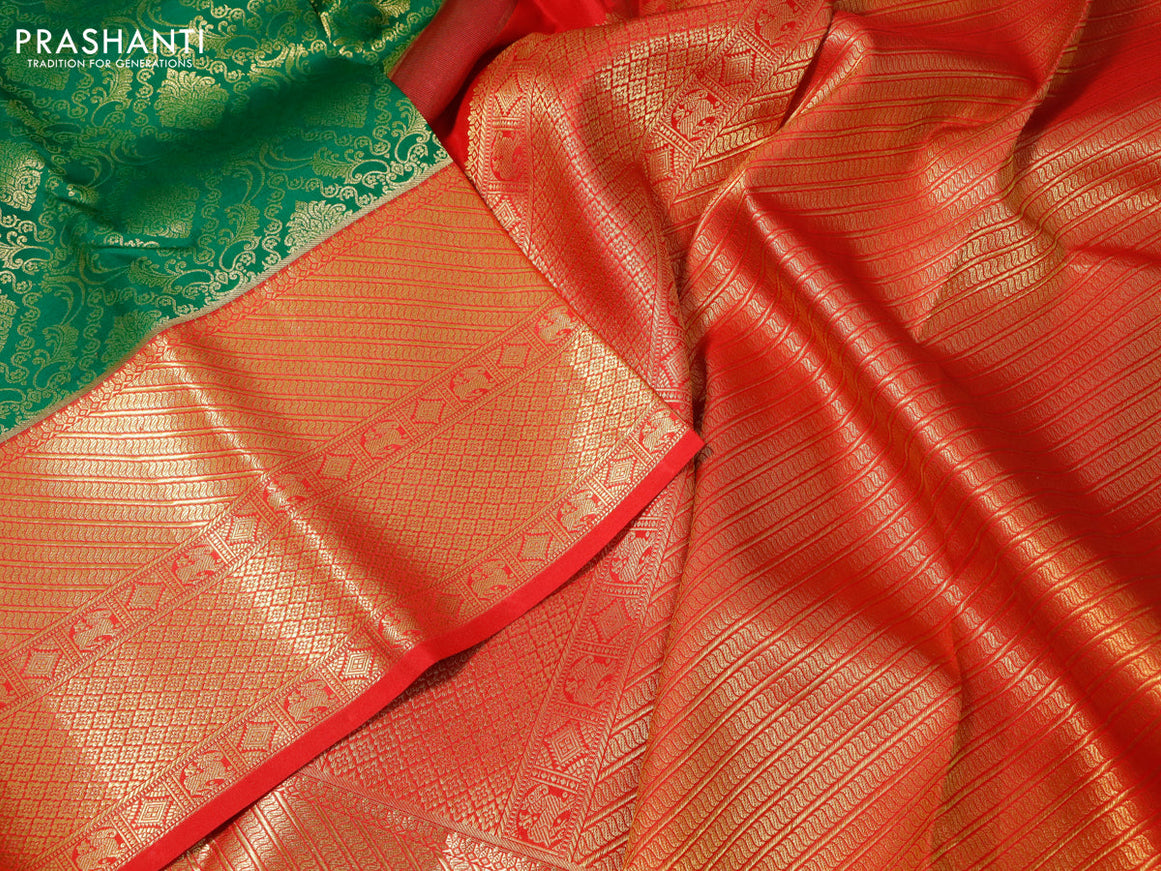 Pure kanchipuram silk saree green and red with allover zari woven brocade weaves and long zari woven border