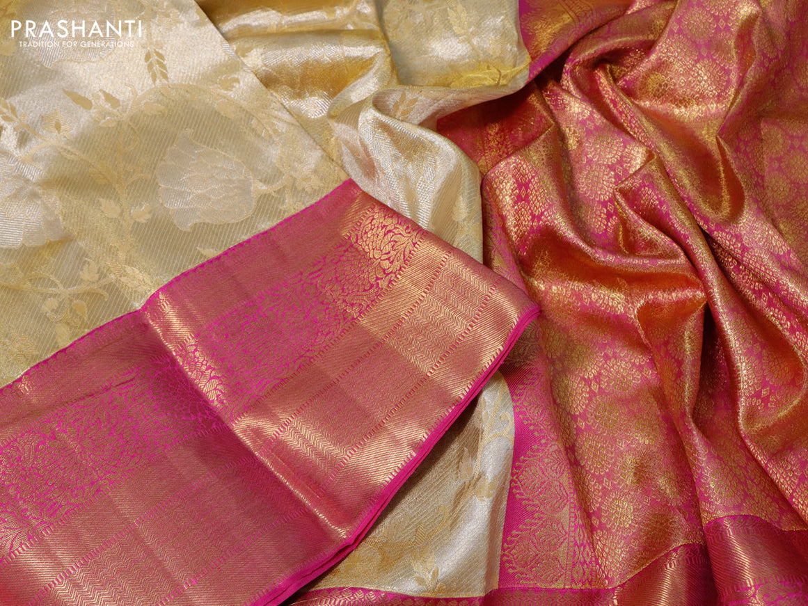 Pure kanchipuram tissue silk saree sandal and pink with allover zari woven brocade weaves and long zari woven border