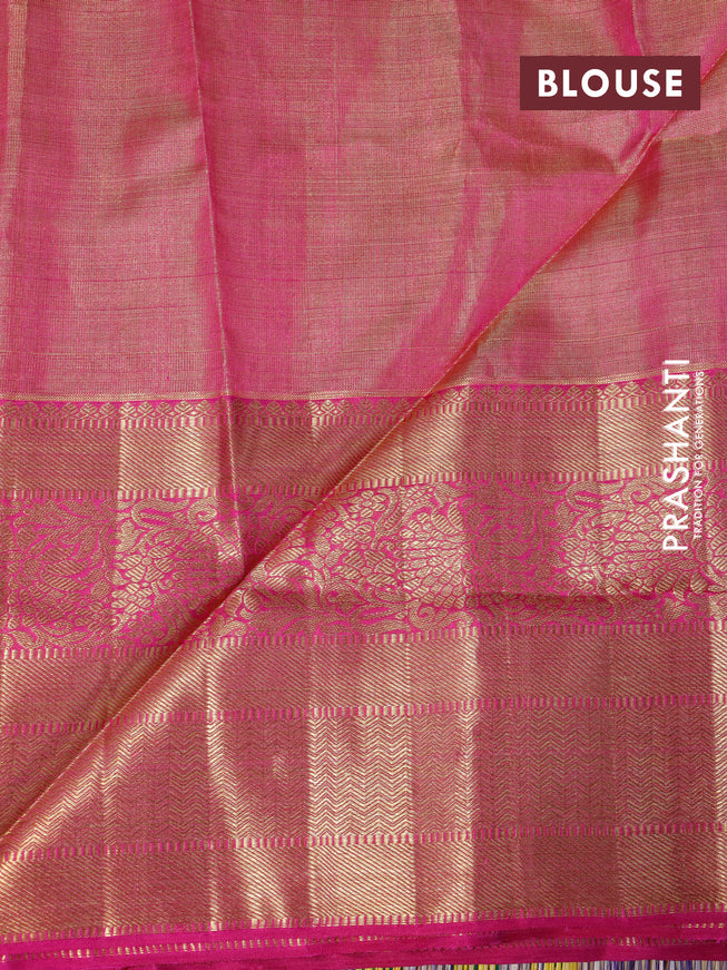 Pure kanchipuram tissue silk saree sandal and pink with allover zari woven brocade weaves and long zari woven border