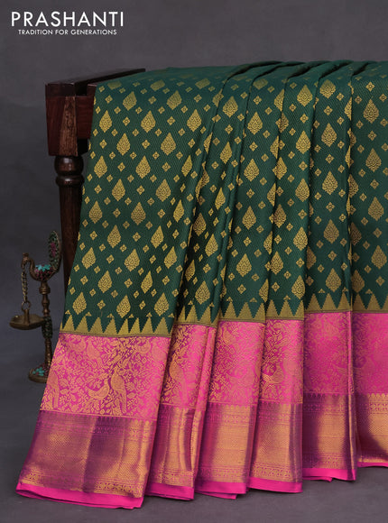 Pure kanchipuram silk saree dark green and pink with allover zari woven butta weaves and long zari woven border