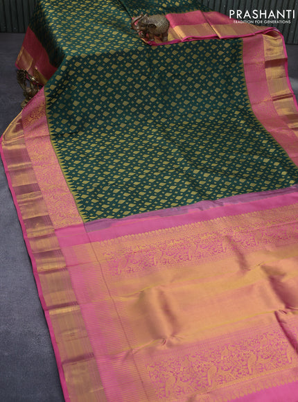 Pure kanchipuram silk saree dark green and pink with allover zari woven butta weaves and long zari woven border