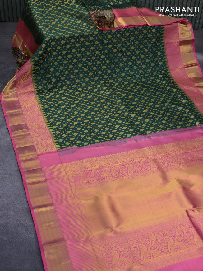 Pure kanchipuram silk saree dark green and pink with allover zari woven butta weaves and long zari woven border