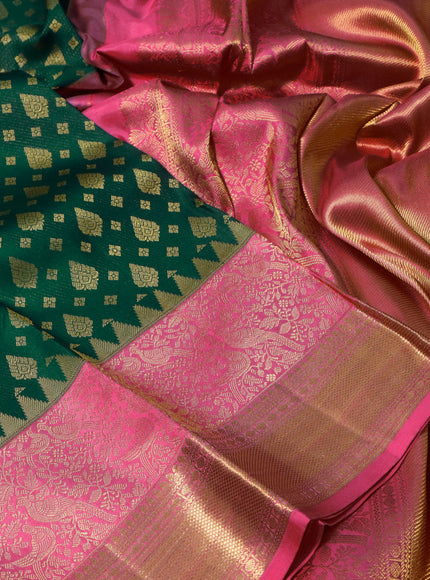 Pure kanchipuram silk saree dark green and pink with allover zari woven butta weaves and long zari woven border