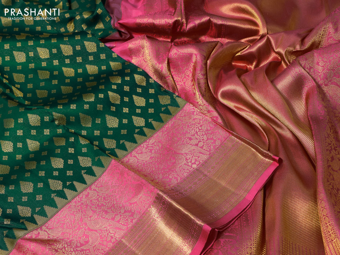 Pure kanchipuram silk saree dark green and pink with allover zari woven butta weaves and long zari woven border