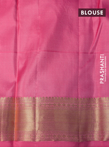 Pure kanchipuram silk saree dark green and pink with allover zari woven butta weaves and long zari woven border