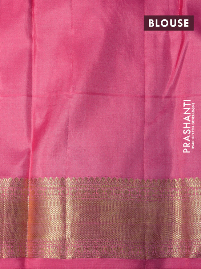 Pure kanchipuram silk saree dark green and pink with allover zari woven butta weaves and long zari woven border