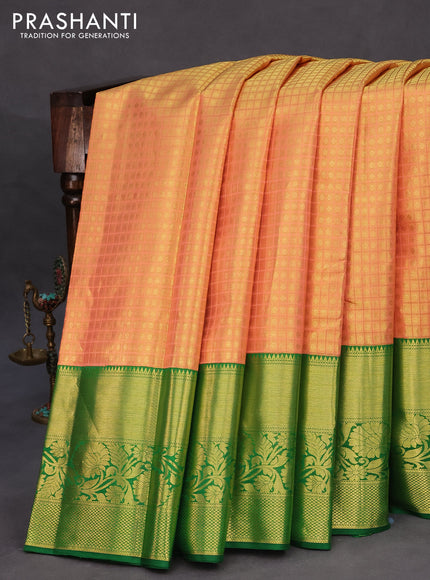 Pure kanchipuram tissue silk saree peach shade and green with allover zari checked pattern and zari woven border