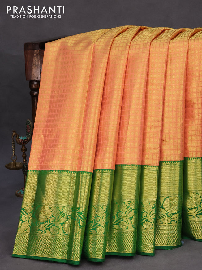 Pure kanchipuram tissue silk saree peach shade and green with allover zari checked pattern and zari woven border