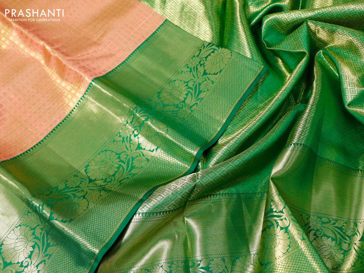 Pure kanchipuram tissue silk saree peach shade and green with allover zari checked pattern and zari woven border