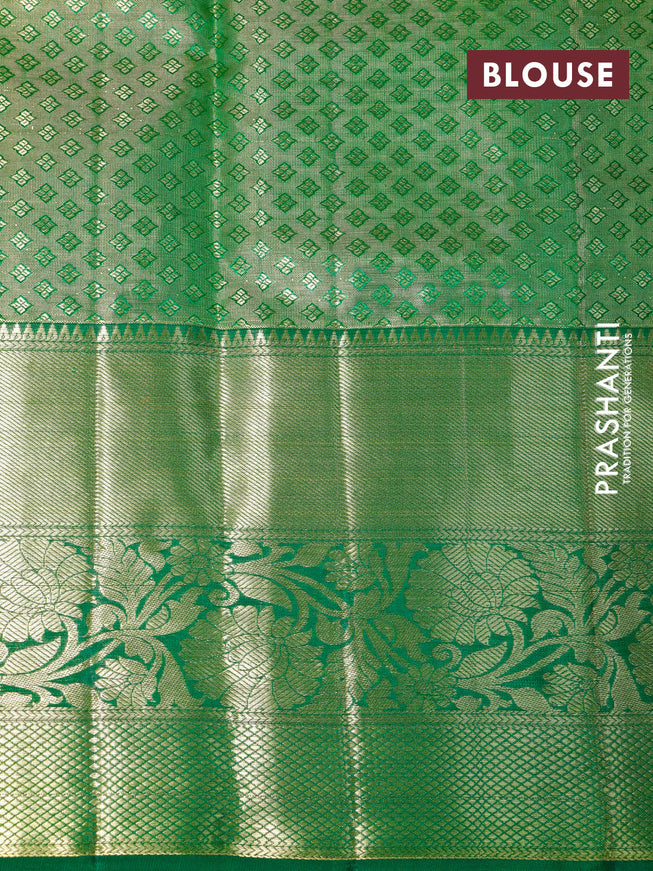 Pure kanchipuram tissue silk saree peach shade and green with allover zari checked pattern and zari woven border