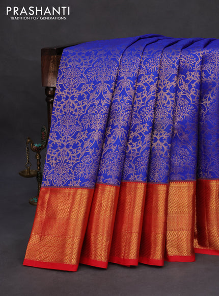 Pure kanchipuram silk saree blue and red with allover zari woven brocade weaves and zari woven border