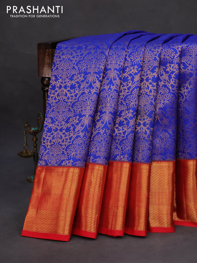 Pure kanchipuram silk saree blue and red with allover zari woven brocade weaves and zari woven border