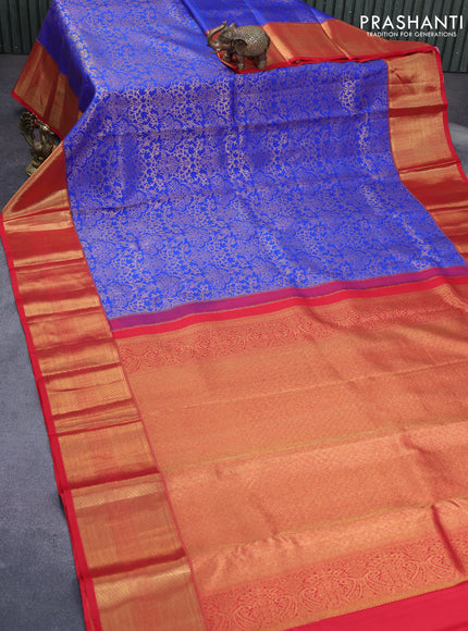 Pure kanchipuram silk saree blue and red with allover zari woven brocade weaves and zari woven border