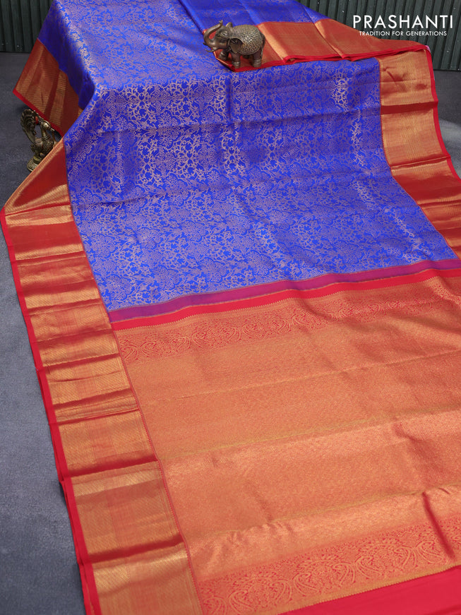 Pure kanchipuram silk saree blue and red with allover zari woven brocade weaves and zari woven border