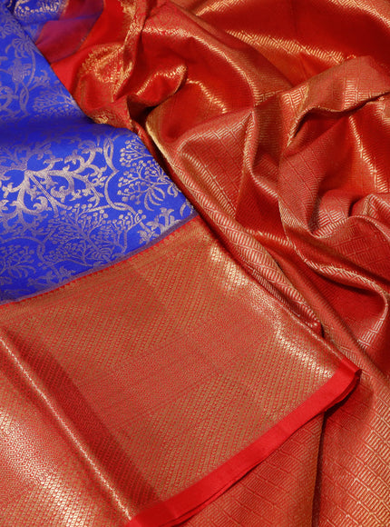 Pure kanchipuram silk saree blue and red with allover zari woven brocade weaves and zari woven border